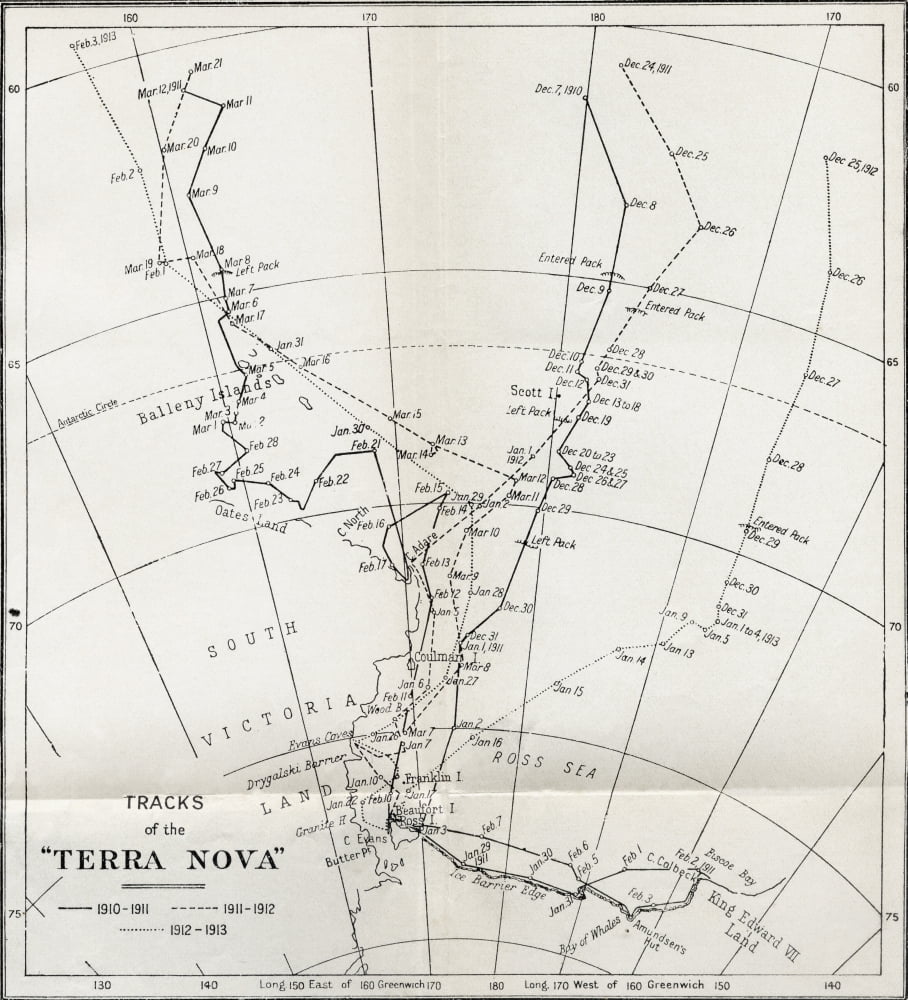 Map Showing The Tracks Of Robert Falcon Scotts Terra Nova Expedition 1910 To 1913 From South With Scott By Rear Admiral ERGR Evans Canvas Art - Ken Welsh Design Pics (28 x 30)