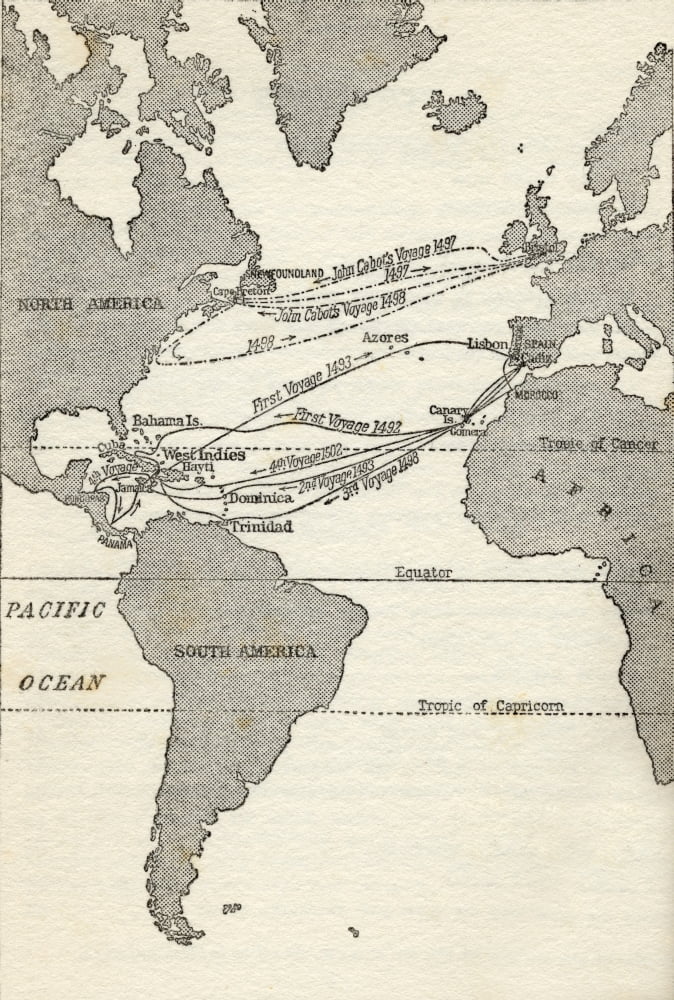 Map Showing The Voyages Of Christopher Columbus And John Cabot From The Great Explorers Columbus And Vasco Da Gama Canvas Art - Ken Welsh Design Pics (12 x 18)