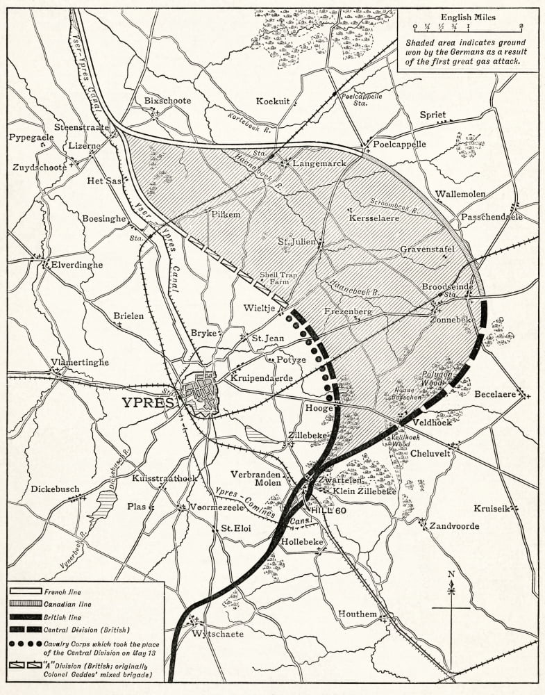 Map Showing The Ypres Salient Before And After The Second Battle Of Ypres April And May 13 1915 From The Great World War A History Volume Iii Published 1916 Canvas Art - Ken Welsh Design Pics (26 x 3