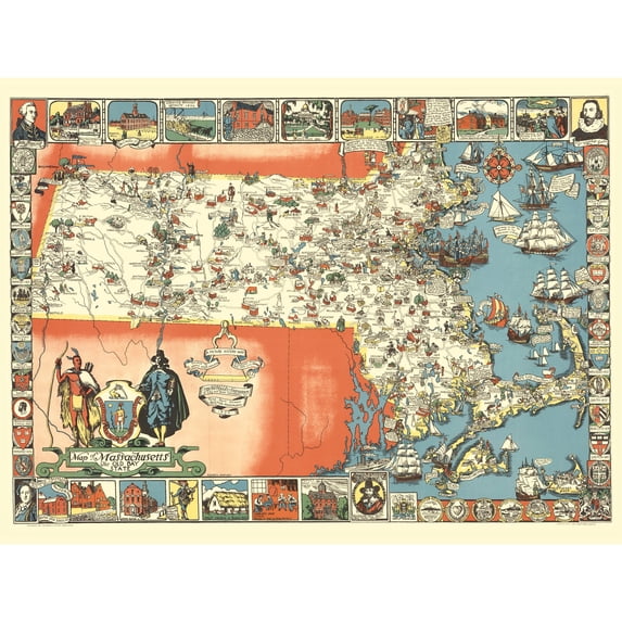 Map Shurtleff 1930 Massachusetts Bay State Pictorial Extra Large XL ...