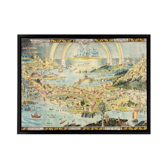 Map Sleigh 1918 Ancient Fairyland Fantasy Black Framed Canvas Art Print 24X32"