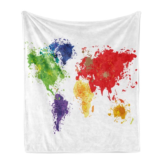 Map Soft Flannel Fleece Blanket, Abstract Colorful World Map Illustration on White Background Artwork Print, Cozy Plush for Indoor and Outdoor Use, 50" x 70", Red Purple and Yellow, by Ambesonne