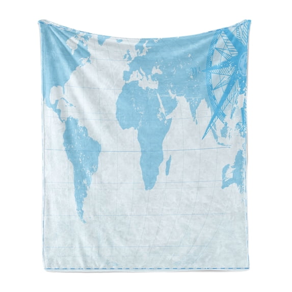 Map Soft Flannel Fleece Blanket, Blue Grunge Background with Vintage World Map and Retro Compass Cartography Exploration, Cozy Plush for Indoor and Outdoor Use, 50" x 70", Pale Blue, by Ambesonne