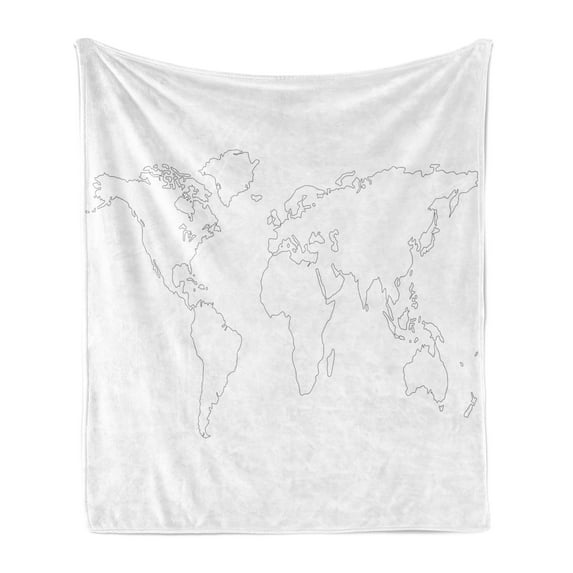 Map Soft Flannel Fleece Blanket, Simplistic Design World Map Outline with Thin Black Line Drawing Abstract Continents, Cozy Plush for Indoor and Outdoor Use, 50" x 60", Black White, by Ambesonne