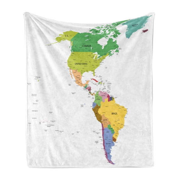Map Soft Flannel Fleece Blanket, Map of South and North America with Countries Capitals and Major Cities Colorful Design, Cozy Plush for Indoor and Outdoor Use, 70" x 90", Multicolor, by Ambesonne