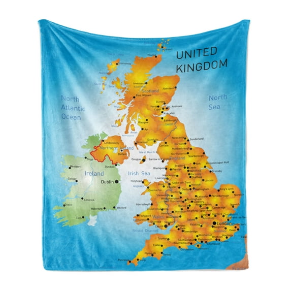 Map Soft Flannel Fleece Blanket, United Kingdom Lettering with Sea and Ocean Names Country Names City Borders, Cozy Plush for Indoor and Outdoor Use, 60" x 80", Sky Blue Multicolor, by Ambesonne