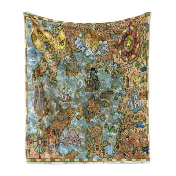 Map Soft Flannel Fleece Throw Blanket, Adventurous Fantasy Land with Pirate Ships Castles Monsters and Treasure Islands, Cozy Plush for Indoor and Outdoor Use, 50" x 70", Multicolor, by Ambesonne
