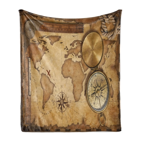 Map Soft Flannel Fleece Throw Blanket, Aged Vintage Treasure Map Ruler Rope Old Compass Antique Adventure Discovery, Cozy Plush for Indoor and Outdoor Use, 70" x 90", Brown Pale Brown, by Ambesonne