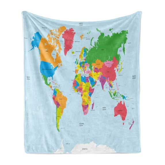 Map Soft Flannel Fleece Throw Blanket, Classical Colorful Map of World in Political Style Travel Europe America Asia Africa, Cozy Plush for Indoor and Outdoor Use, 70" x 90", Multicolor, by Ambesonne