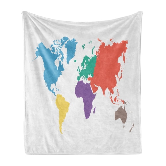 Map Soft Flannel Fleece Throw Blanket, Continents of the World in Different Colors Regions Lands Global International Theme, Cozy Plush for Indoor and Outdoor Use, 60" x 80", Multicolor, by Ambesonne