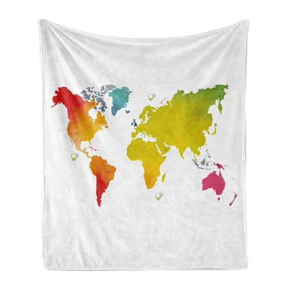 Map Soft Flannel Fleece Throw Blanket, Continents of World in Vibrant Watercolors Graphic Design International Theme, Cozy Plush for Indoor and Outdoor Use, 70" x 90", Multicolor, by Ambesonne