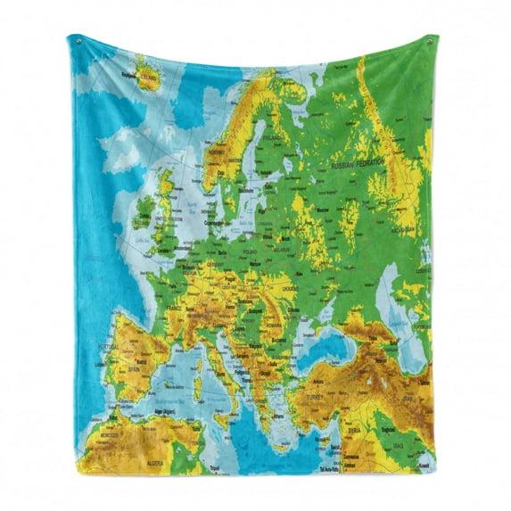 Map Soft Flannel Fleece Throw Blanket, High Detail Map of Europe with Borders Countries Cities, Cozy Plush for Indoor and Outdoor Use, 50" x 70", Multicolor, by Ambesonne