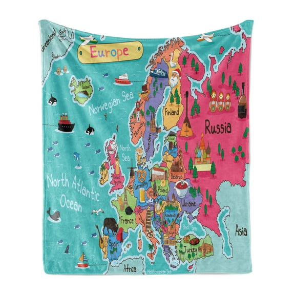 Map Soft Flannel Fleece Throw Blanket, Illustration of Educational Europe Map with City Landmarks and in Cartoon Style, Cozy Plush for Indoor and Outdoor Use, 50" x 60", Multicolor, by Ambesonne