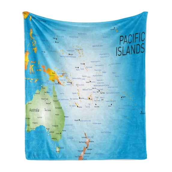 Map Soft Flannel Fleece Throw Blanket, Informational Design of Pacific Islands, Cozy Plush for Indoor and Outdoor Use, 50" x 70", Sky Blue Multicolor, by Ambesonne