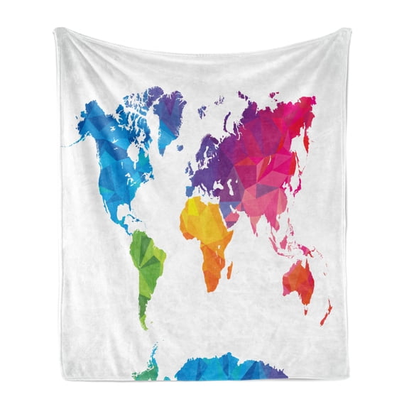 Map Soft Flannel Fleece Throw Blanket, Low Poly Style Illustration of World Map Mosaic with Graded Rainbow Colors, Cozy Plush for Indoor and Outdoor Use, 70" x 90", Multicolor, by Ambesonne