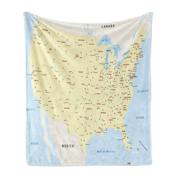 Map Soft Flannel Fleece Throw Blanket, United States Interstate Map America Cities Travel Destinations Road Route, Cozy Plush for Indoor and Outdoor Use, 70" x 90", Yellow Red Pale Blue, by Ambesonne