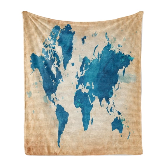 Map Soft Flannel Fleece Throw Blanket, Vintage World Atlas Watercolor Brushstrokes on Old Backdrop Print, Cozy Plush for Indoor and Outdoor Use, 50" x 60", Navy Blue Sand Brown, by Ambesonne