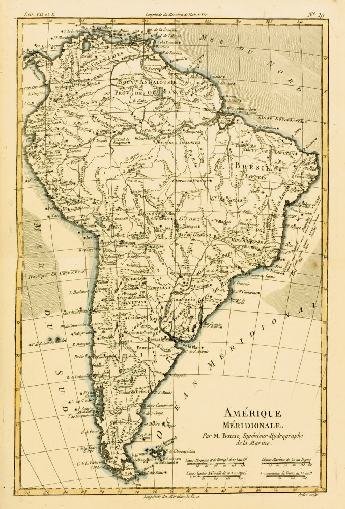 Map Of South America Circa1760 From Atlas De Toutes Les Parties Connues Du Globe Terrestre - By Cartographer Rigobert Bonne Published Geneva Circa 1760 Canvas Art - Ken Welsh Design Pics (12 x 18)