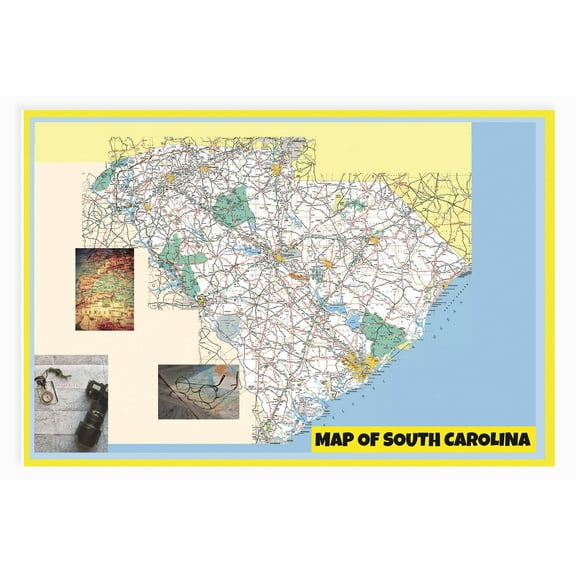 Map of South Carolina 36x54 Large Detailed Roads and Highways, Maryland State with All Cities, Parks and Landmarks - Glossy Photo Paper Wall Map Poster Print