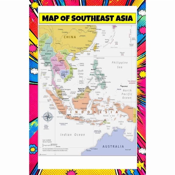Map Of Southeast Asia 36x54 Inch - Pop Art Edition Vibrant Perfect for Kids Classrooms and Homes Laminated Wall Poster - Vivid Imagery with Bright Colors