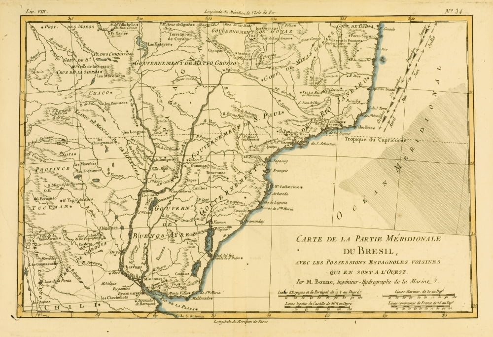 Map Of Southern Brazil Circa1760 From Atlas De Toutes Les Parties Connues DuGlobe Terrestre By Cartographer Rigobert Bonne Published Geneva Circa 1760 Canvas Art - Ken Welsh Design Pics (17 x 11)