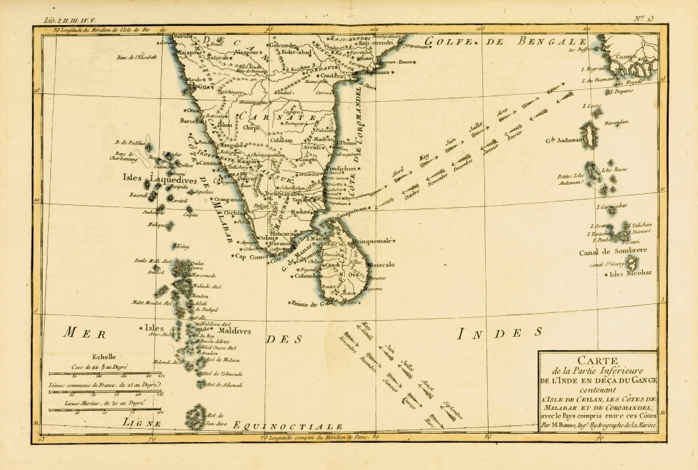 Map Of Southern India Circa1760 From Atlas De Toutes Les Parties Connues Du Globe Terrestre By Cartographer Rigobert Bonne Published Geneva Circa 1760 Canvas Art - Ken Welsh Design Pics (36 x 24)