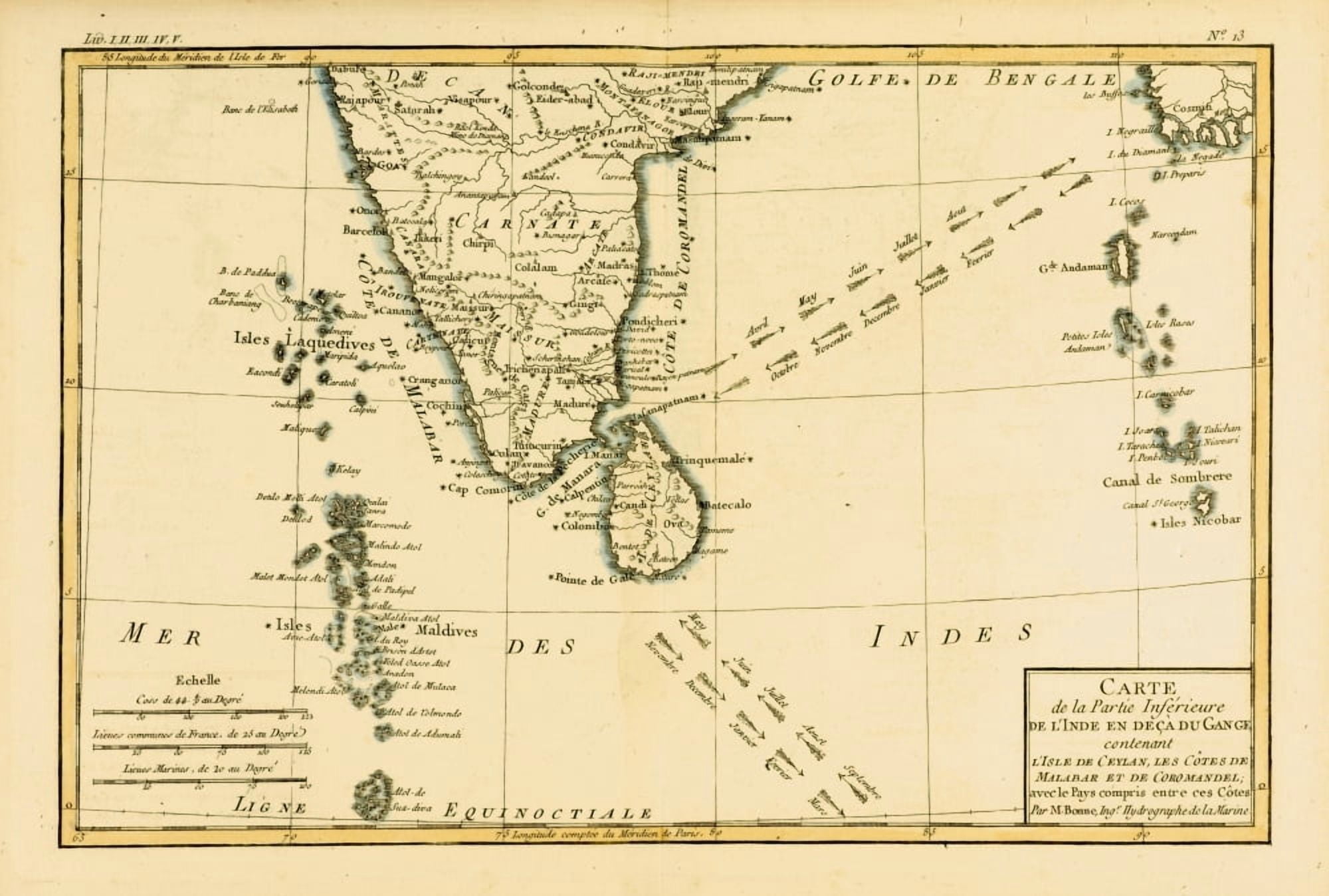 Map Of Southern India Circa1760 From Atlas De Toutes Les Parties Connues Du Globe Terrestre By Cartographer Rigobert Bonne Published Geneva Circa 1760 Canvas Art - Ken Welsh Design Pics (18 x 12)