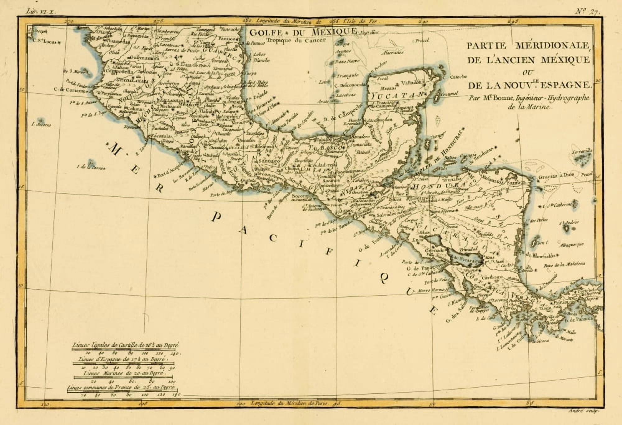 Map Of Southern Mexico Circa1760 From Atlas De Toutes Les Parties Connues Du Globe Terrestre?s By Cartographer Rigobert Bonne Published Geneva Circa 1760 Canvas Art - Ken Welsh Design Pics (17 x 12)