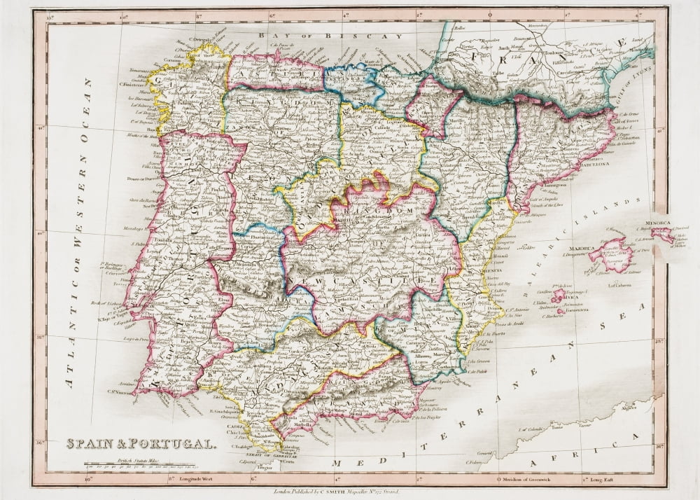Map Of Spain And Portugal From Smiths General Atlas Published London 1850 By C Smith Mapseller Number 172 The Strand Canvas Art - Ken Welsh Design Pics (17 x 12)