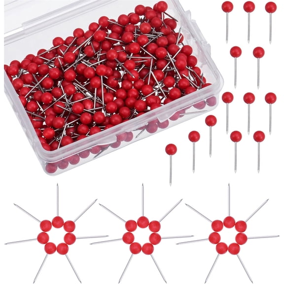 Map Tacks with Plastic Beads Head,Bexikou 1000 Pack Small Size Push Pins,Map Tacks Marking Pins for Travel Maps, Cork Board, Bulletin Board(Red, 1/7 Inch)