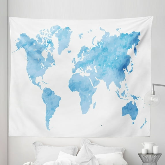 Map Tapestry, Blue Watercolor Style World Map Pastel Colored Display of Continents, Fabric Wall Hanging Decor for Bedroom Living Room Dorm, 5 Sizes, Pale Blue White, by Ambesonne