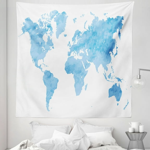 Map Tapestry, Blue Watercolor Style World Map Pastel Colored Display of Continents, Fabric Wall Hanging Decor for Bedroom Living Room Dorm, 5 Sizes, Pale Blue White, by Ambesonne