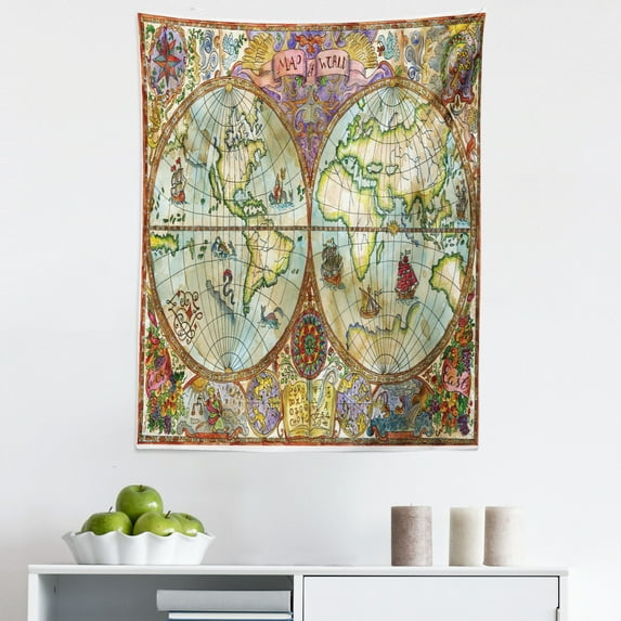 Map Tapestry, Colorful Watercolor Effect Painted Vintage Illustration of Antique Atlas World Earth, Fabric Wall Hanging Decor for Bedroom Living Room Dorm, 5 Sizes, Multicolor, by Ambesonne