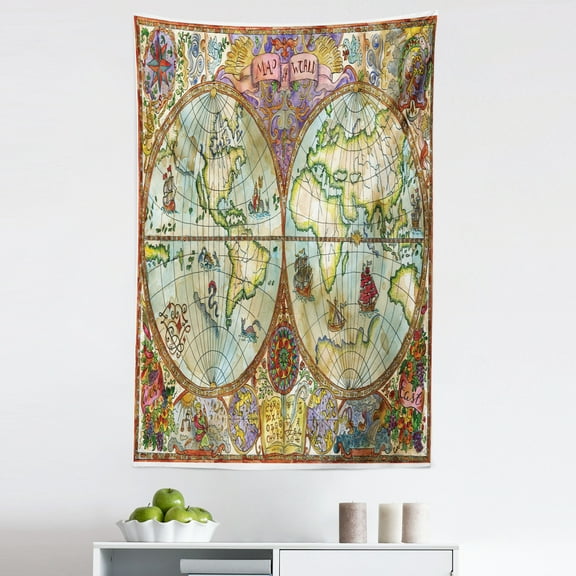 Map Tapestry, Colorful Watercolor Effect Painted Vintage Illustration of Antique Atlas World Earth, Fabric Wall Hanging Decor for Bedroom Living Room Dorm, 5 Sizes, Multicolor, by Ambesonne