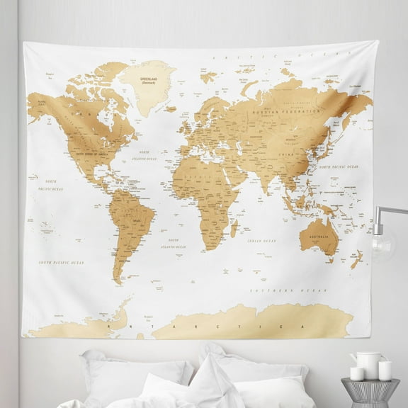 Map Tapestry, Detailed World in Warm Earthy Tones Country Names on Plain Backdrop, Fabric Wall Hanging Decor for Bedroom Living Room Dorm, 5 Sizes, Sand Brown Beige and White, by Ambesonne