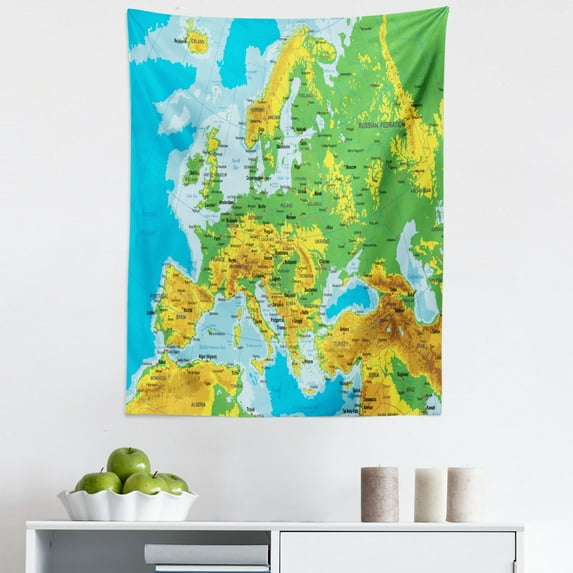 Map Tapestry, High Detail Map of Europe with Borders Countries Cities, Fabric Wall Hanging Decor for Bedroom Living Room Dorm, 5 Sizes, Multicolor, by Ambesonne