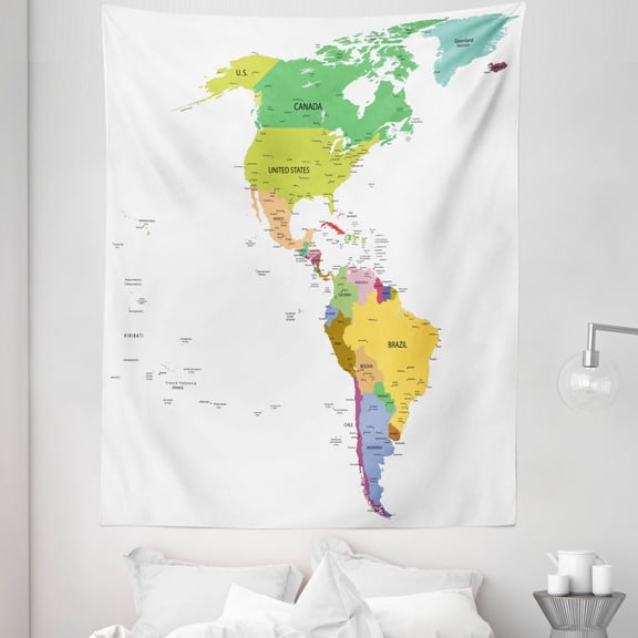 Map Tapestry, Map of South and North America with Countries Capitals and Major Cities Colorful Design, Fabric Wall Hanging Decor for Bedroom Living Room Dorm, 5 Sizes, Multicolor, by Ambesonne