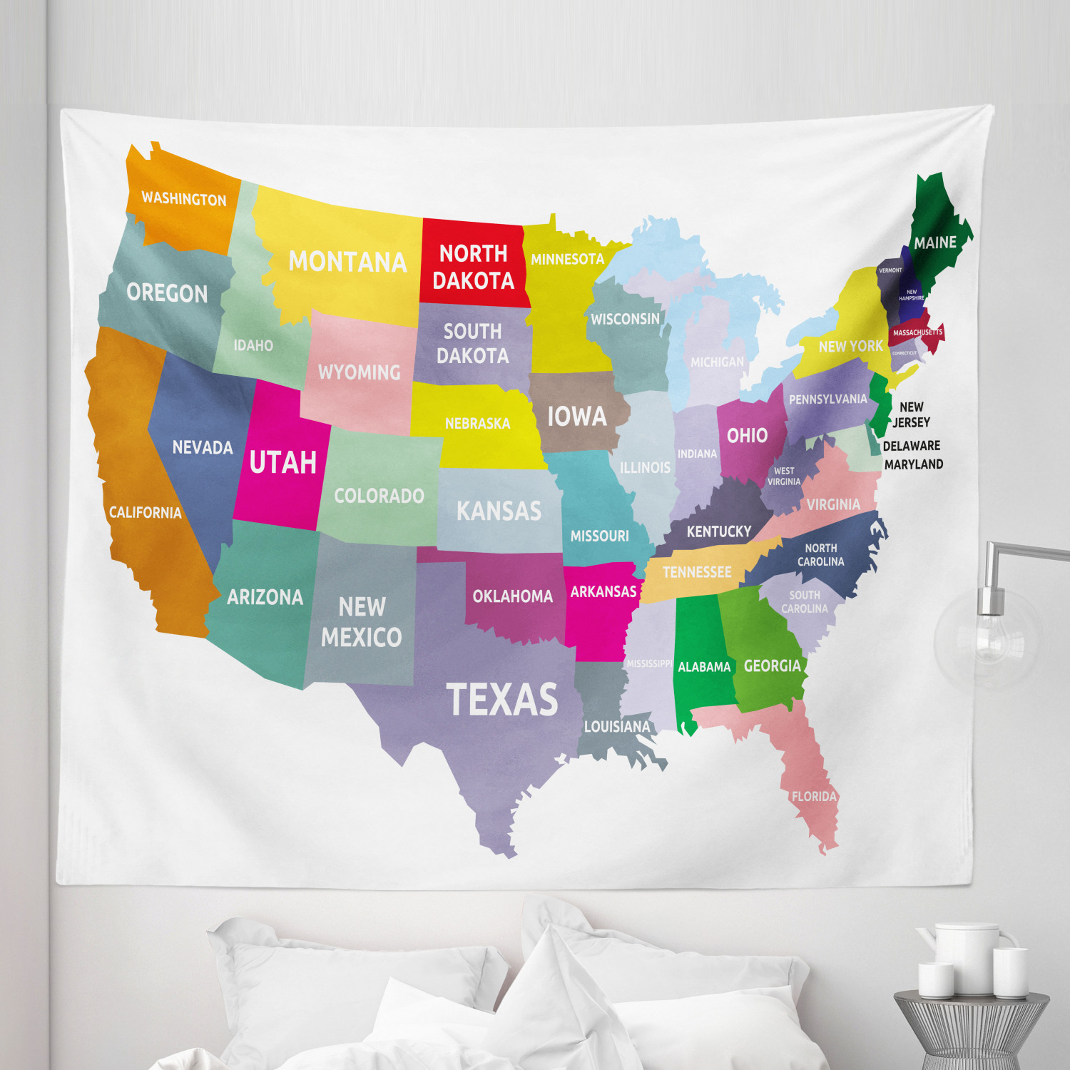 Map Tapestry, USA Map with Name of States in Colorful Design America ...
