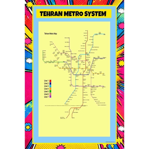 Map Of Tehran Metro System 18x24 Inch - Pop Art Edition Vibrant Perfect for Kids Classrooms and Homes Laminated Wall Poster - Vivid Imagery with Bright Colors