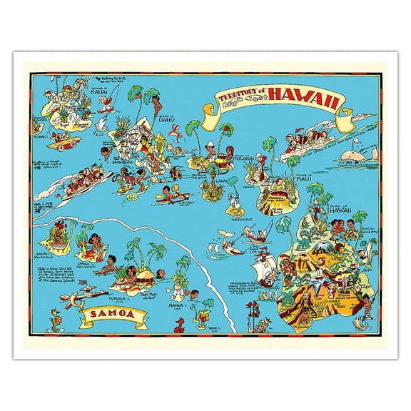 Map of the Territory of Hawaii - American Samoa - Pictorial Map - Vintage Pictorial Map by Ruth Taylor White c.1935 - Fine Art Matte Paper Print (Unframed) 16x20in