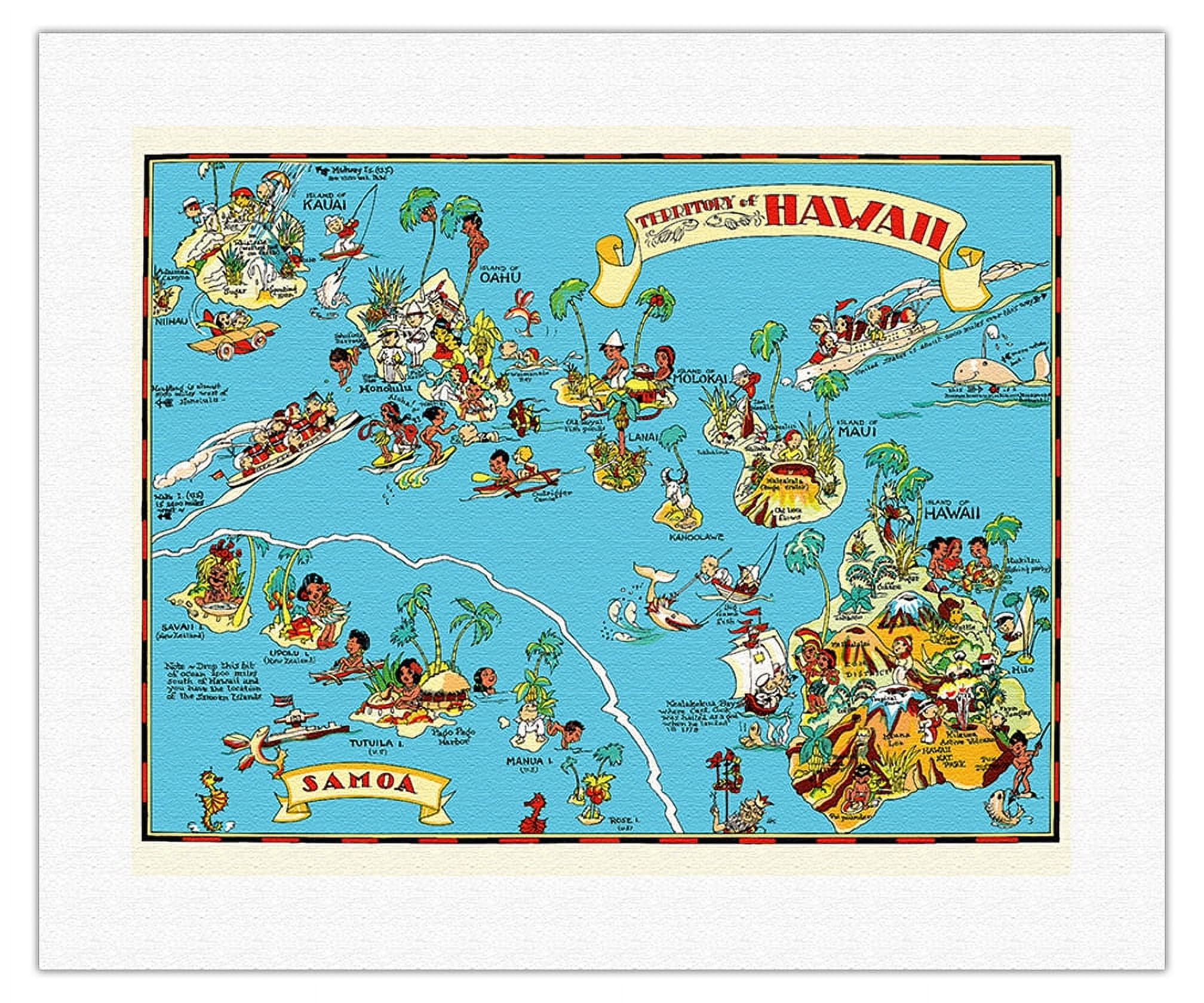 Hawaii USA - Island of Oahu Map - Vintage Hawaiian Colored
