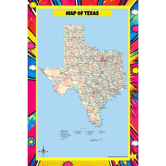 Map Of Texas Style A - 20x30 Inch - Pop Art Edition Vibrant Perfect for Kids Classrooms and Homes Laminated Wall Poster - Vivid Imagery with Bright Colors