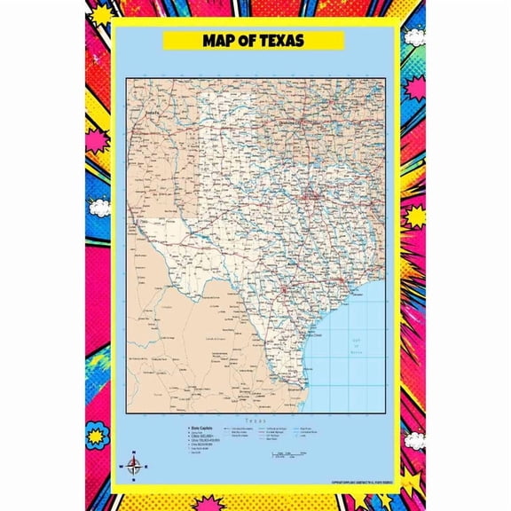 Map Of Texas Style C - 18x24 Inch - Pop Art Edition Vibrant Perfect for Kids Classrooms and Homes Laminated Wall Poster - Vivid Imagery with Bright Colors