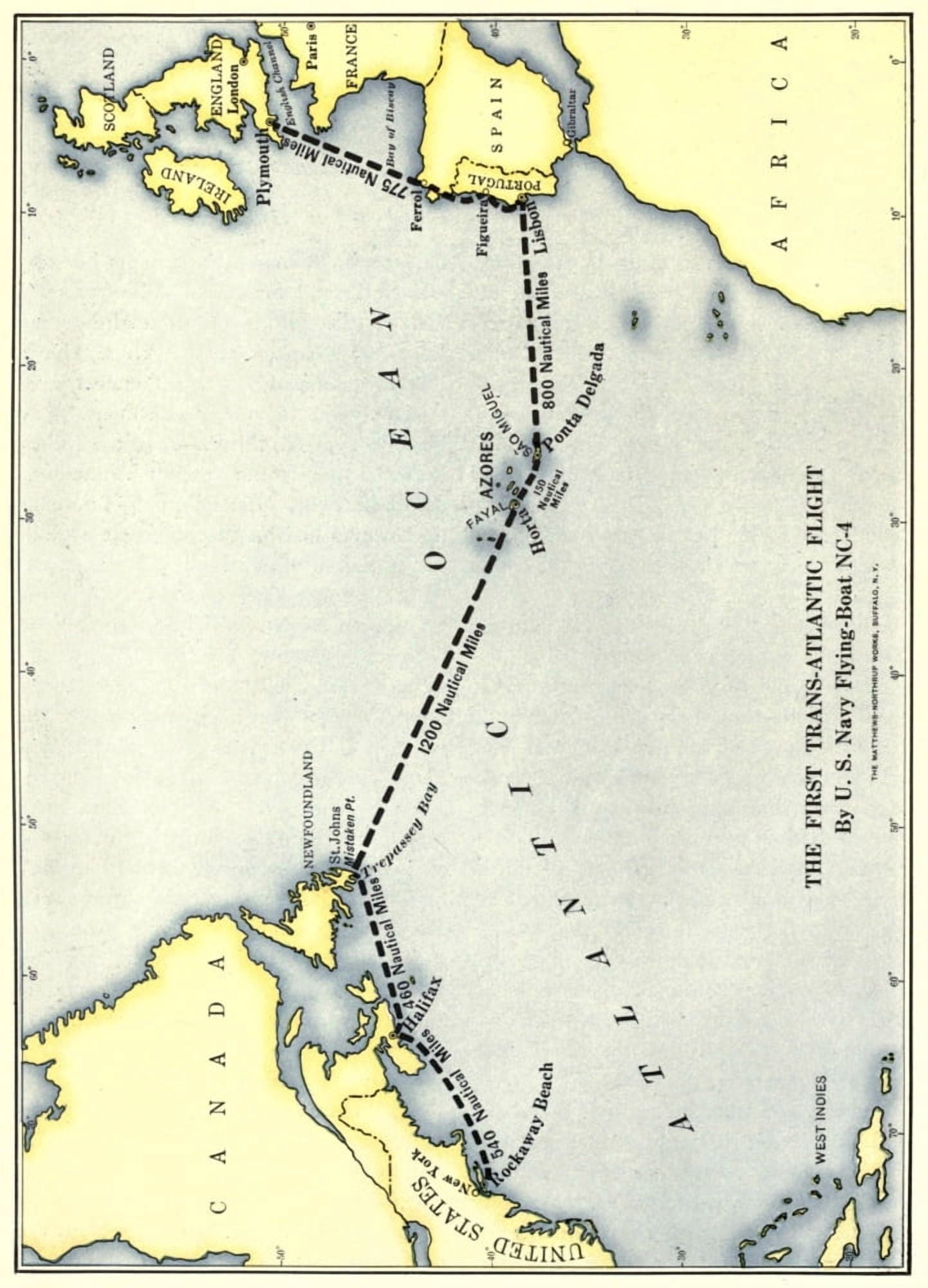 Map The Flight across the Atlantic 1919 First Transatlantic Flight Canvas Art - (24 x 36)