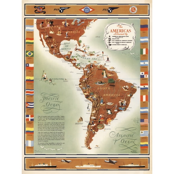 Map Thompson 1948 American Republic Airlines Extra Large XL Wall Art Poster Print