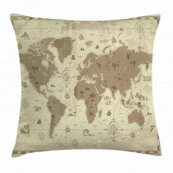 Map Throw Pillow Cushion Cover, Aged Retro Styled Map of the World with Mountains Fantasy Monsters and Compass, Decorative Square Accent Pillow Case, 20 X 20 Inches, Sepia Pale Yellow, by Ambesonne