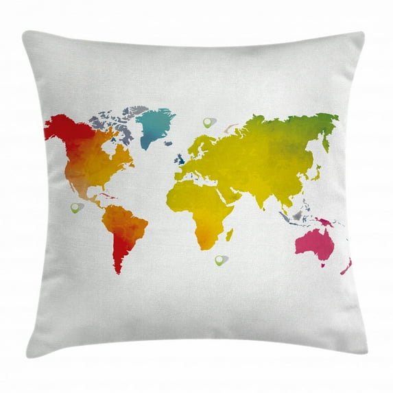 Map Throw Pillow Cushion Cover, Continents of World in Vibrant Watercolors Artistic Graphic Design International Theme, Decorative Square Accent Pillow Case, 16 X 16 Inches, Multicolor, by Ambesonne