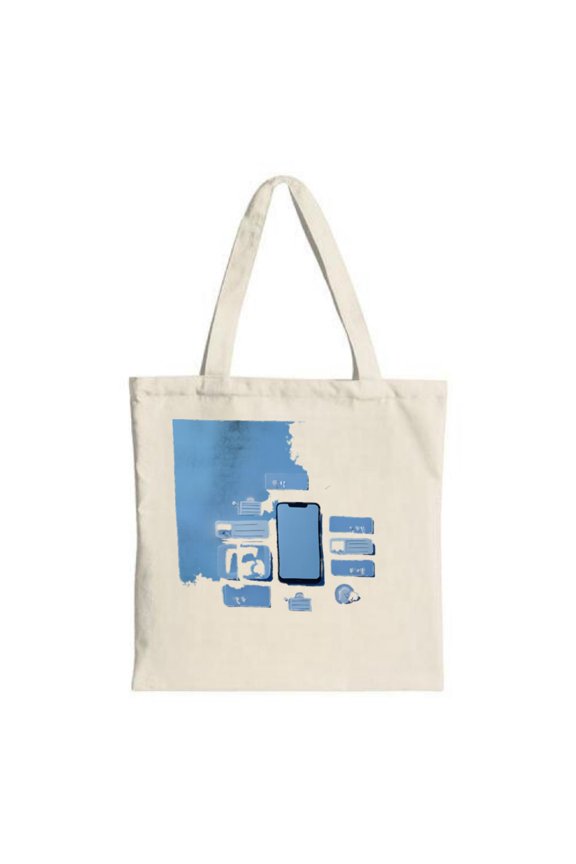 Map Tote Bag - Blue & White Canvas with Tech (Smartphone Computer Camera) - Perfect for Shopping & Travel
