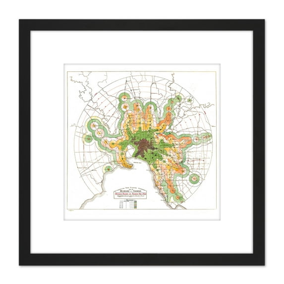 Map Transport Mmtb 1922 Melbourne Trains Trams Replica 8X8 Inch Square Wooden Framed Wall Art Print Picture with Mount