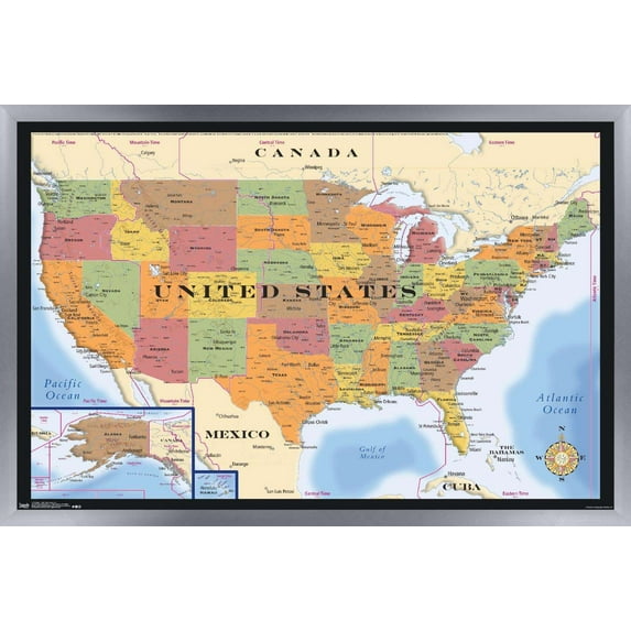 Map - USA Time Zones Wall Poster, 14.725" x 22.375", Framed